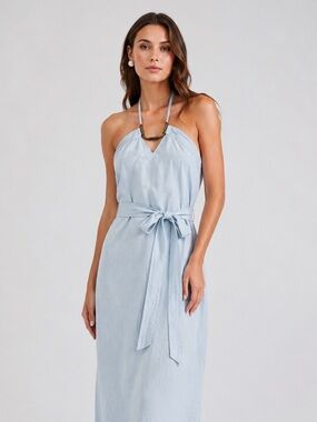 VIX Light Blue Halter Tie-Waist Midi Dress-XS